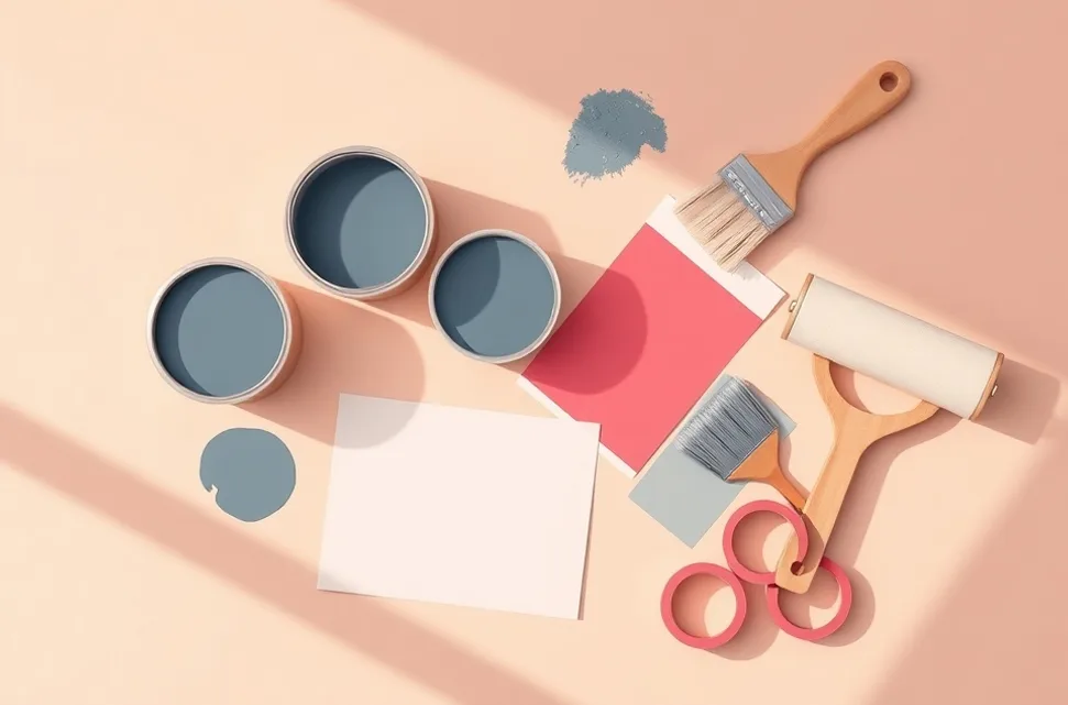 Pots de peinture, nuancier, brosses et rouleaux disposés à plat