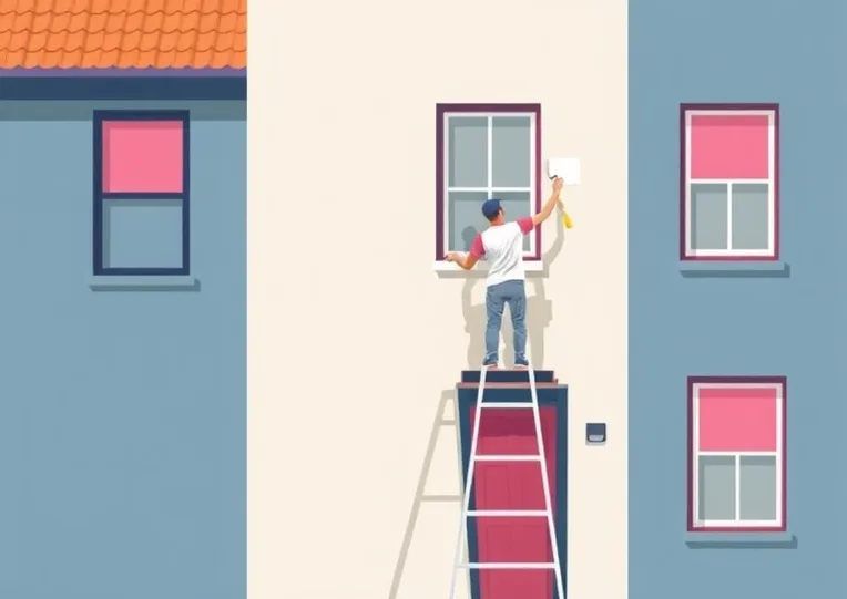 Peintre sur échafaudage traitant la façade d'une maison