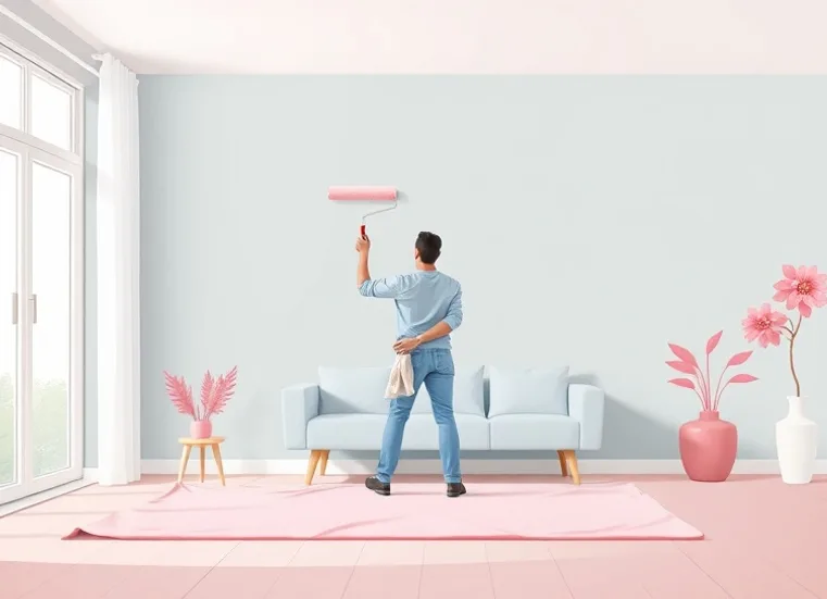 Peintre appliquant la peinture au rouleau sur un mur de salon
